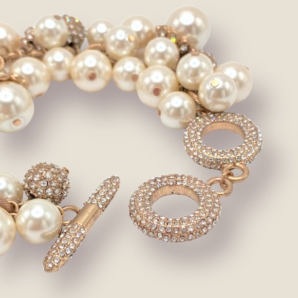 NEW Badgley Mischka Pearl & Crystal Bead Dangle Gold Chunky Statement Bracelet - Picture 7 of 8